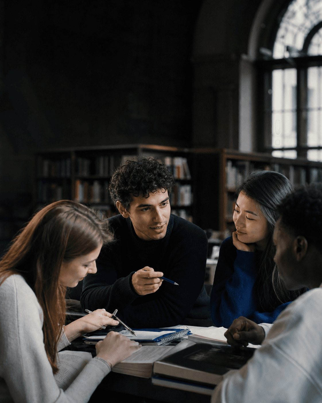 International students working together in a university library